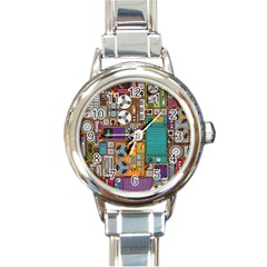 Pattern Design Art Techno  Dj Music Retro Music Device Round Italian Charm Watch by Cemarart