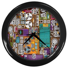 Pattern Design Art Techno  Dj Music Retro Music Device Wall Clock (black) by Cemarart