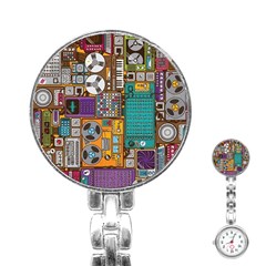 Pattern Design Art Techno  Dj Music Retro Music Device Stainless Steel Nurses Watch by Cemarart