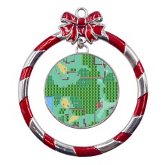 Green Retro Games Pattern Metal Red Ribbon Round Ornament by Cemarart