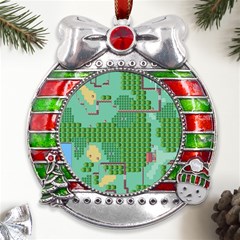 Green Retro Games Pattern Metal X mas Ribbon With Red Crystal Round Ornament by Cemarart