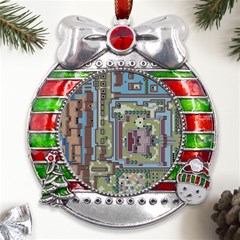 Arcade Game Retro Pattern Metal X mas Ribbon With Red Crystal Round Ornament by Cemarart