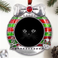 Black Cat Face Metal X mas Ribbon With Red Crystal Round Ornament by Cemarart