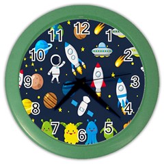 Big Set Cute Astronauts Space Planets Stars Aliens Rockets Ufo Constellations Satellite Moon Rover Color Wall Clock by Cemarart