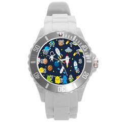 Big Set Cute Astronauts Space Planets Stars Aliens Rockets Ufo Constellations Satellite Moon Rover Round Plastic Sport Watch (l) by Cemarart