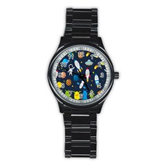 Big Set Cute Astronauts Space Planets Stars Aliens Rockets Ufo Constellations Satellite Moon Rover Stainless Steel Round Watch by Cemarart