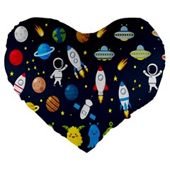 Big Set Cute Astronauts Space Planets Stars Aliens Rockets Ufo Constellations Satellite Moon Rover Large 19  Premium Flano Heart Shape Cushions by Cemarart