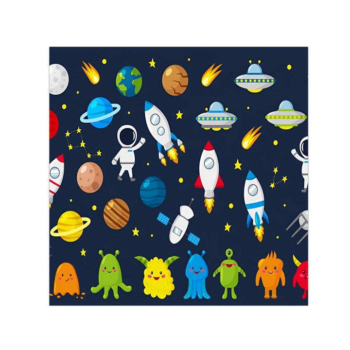 Big Set Cute Astronauts Space Planets Stars Aliens Rockets Ufo Constellations Satellite Moon Rover Square Satin Scarf (30  x 30 )