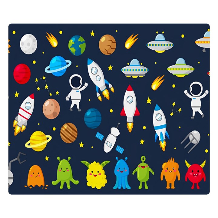 Big Set Cute Astronauts Space Planets Stars Aliens Rockets Ufo Constellations Satellite Moon Rover Premium Plush Fleece Blanket (Small)