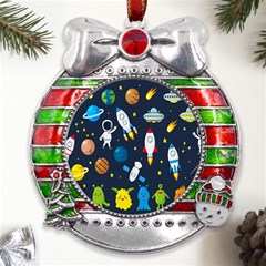 Big Set Cute Astronauts Space Planets Stars Aliens Rockets Ufo Constellations Satellite Moon Rover Metal X mas Ribbon With Red Crystal Round Ornament by Cemarart