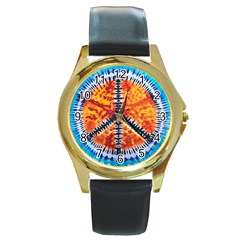 Tie Dye Peace Sign Round Gold Metal Watch by Cemarart