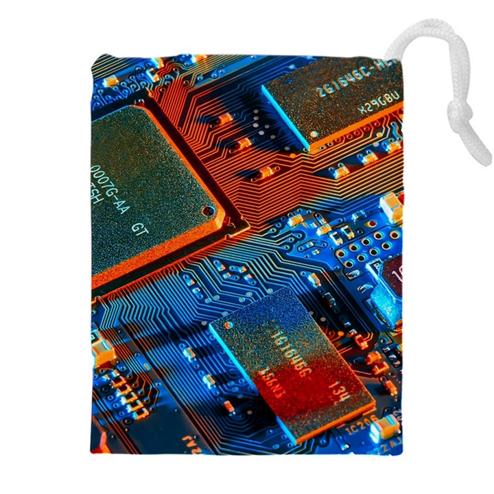 Gray Circuit Board Electronics Electronic Components Microprocessor Drawstring Pouch (4XL)