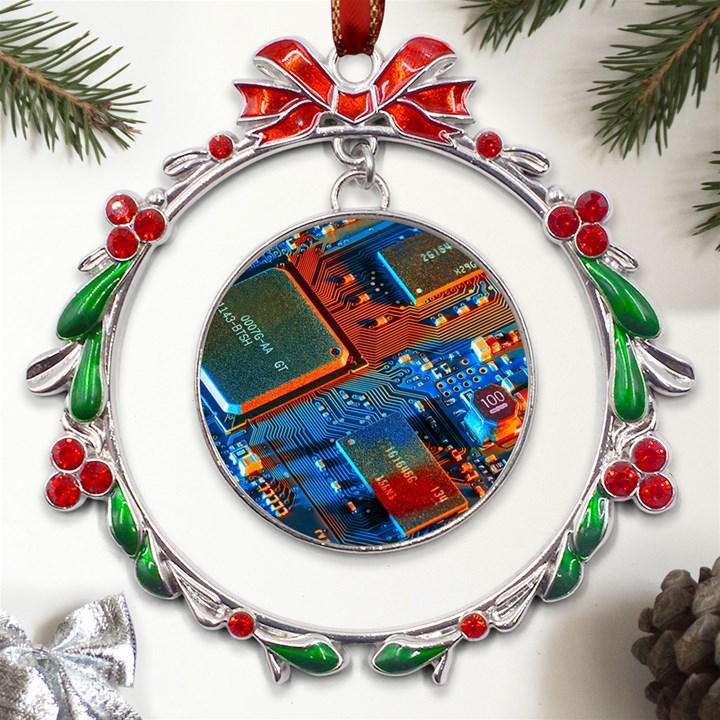 Gray Circuit Board Electronics Electronic Components Microprocessor Metal X mas Wreath Ribbon Ornament