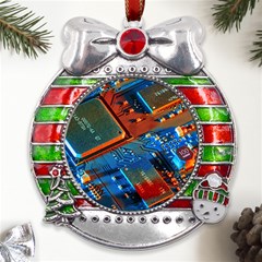 Gray Circuit Board Electronics Electronic Components Microprocessor Metal X Mas Ribbon With Red Crystal Round Ornament