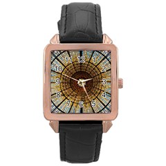 Barcelona Stained Glass Window Rose Gold Leather Watch  by Cemarart