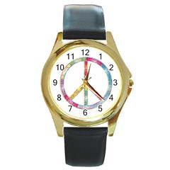 Flourish Decorative Peace Sign Round Gold Metal Watch by Cemarart