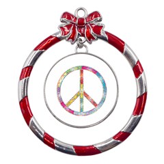 Flourish Decorative Peace Sign Metal Red Ribbon Round Ornament by Cemarart