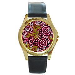 Authentic Aboriginal Art - You Belong Round Gold Metal Watch by hogartharts