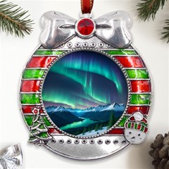 Aurora Borealis Metal X mas Ribbon With Red Crystal Round Ornament by Ndabl3x