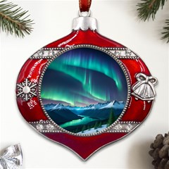 Aurora Borealis Metal Snowflake And Bell Red Ornament by Ndabl3x