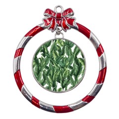 Green Banana Leaves Metal Red Ribbon Round Ornament by goljakoff