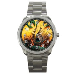 City Light Sky Landmark Painting Sport Metal Watch by Cemarart