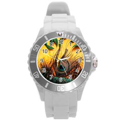 City Light Sky Landmark Painting Round Plastic Sport Watch (l) by Cemarart