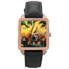 City Light Sky Landmark Painting Rose Gold Leather Watch  by Cemarart