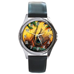 Forest Owl Art Snow Winter Round Metal Watch by Cemarart