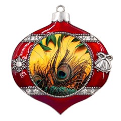 Forest Owl Art Snow Winter Metal Snowflake And Bell Red Ornament by Cemarart