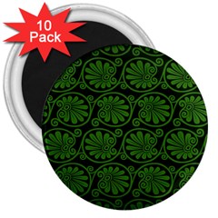 Green Floral Pattern Floral Greek Ornaments 3  Magnets (10 Pack)  by nateshop