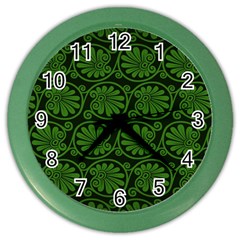 Green Floral Pattern Floral Greek Ornaments Color Wall Clock by nateshop