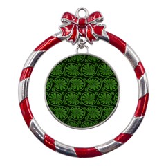 Green Floral Pattern Floral Greek Ornaments Metal Red Ribbon Round Ornament