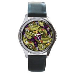 Green Paisley Background, Artwork, Paisley Patterns Round Metal Watch by nateshop