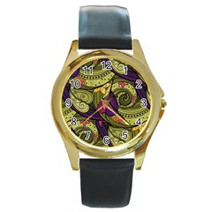 Green Paisley Background, Artwork, Paisley Patterns Round Gold Metal Watch by nateshop