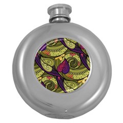 Green Paisley Background, Artwork, Paisley Patterns Round Hip Flask (5 Oz)