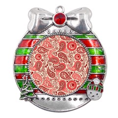 Paisley Red Ornament Texture Metal X mas Ribbon With Red Crystal Round Ornament