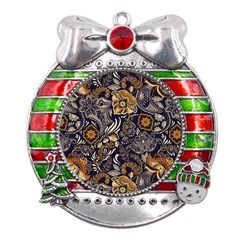 Paisley Texture, Floral Ornament Texture Metal X mas Ribbon With Red Crystal Round Ornament