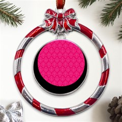 Pink Pattern, Abstract, Background, Bright Metal Red Ribbon Round Ornament by nateshop