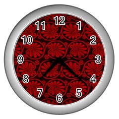 Red Floral Pattern Floral Greek Ornaments Wall Clock (silver) by nateshop