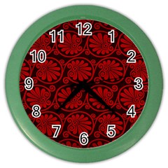 Red Floral Pattern Floral Greek Ornaments Color Wall Clock by nateshop