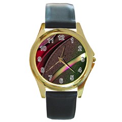 Texture Abstract Curve  Pattern Red Round Gold Metal Watch by Proyonanggan