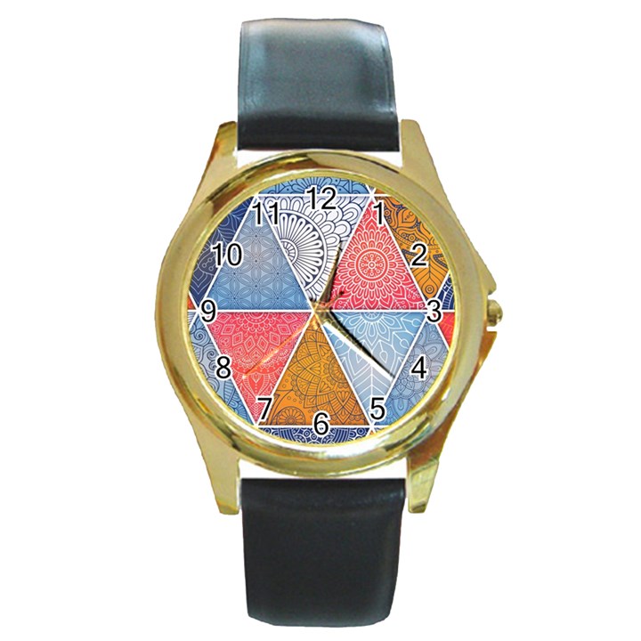 Texture With Triangles Round Gold Metal Watch