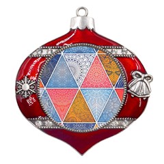 Texture With Triangles Metal Snowflake And Bell Red Ornament by nateshop