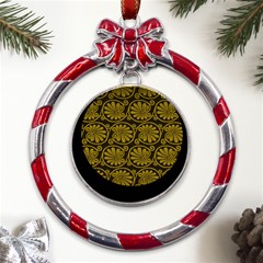 Yellow Floral Pattern Floral Greek Ornaments Metal Red Ribbon Round Ornament by nateshop