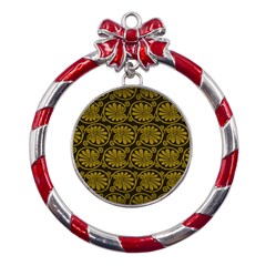 Yellow Floral Pattern Floral Greek Ornaments Metal Red Ribbon Round Ornament by nateshop