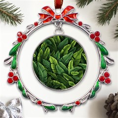 Green Leaves Metal X mas Wreath Ribbon Ornament