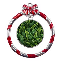 Green Leaves Metal Red Ribbon Round Ornament by goljakoff