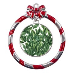 Tropical Leaves Metal Red Ribbon Round Ornament by goljakoff