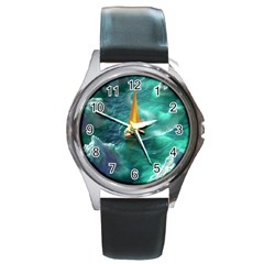 Valley Night Mountains Round Metal Watch by Cemarart